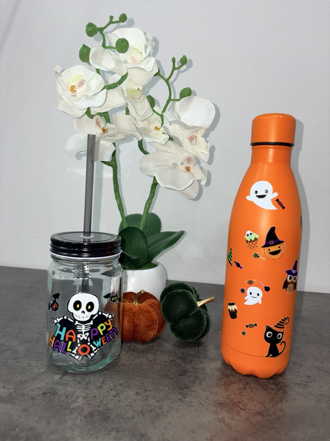 Botella y vaso personalizados de Halloween